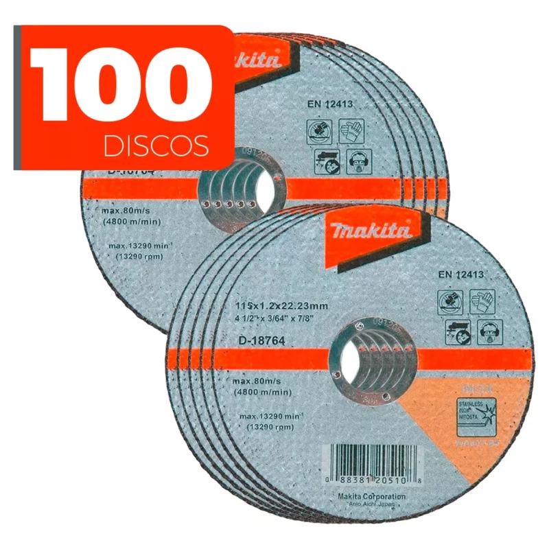 Set 100 Discos Corte Makita D-18764 115mm X 1,2mm Inox