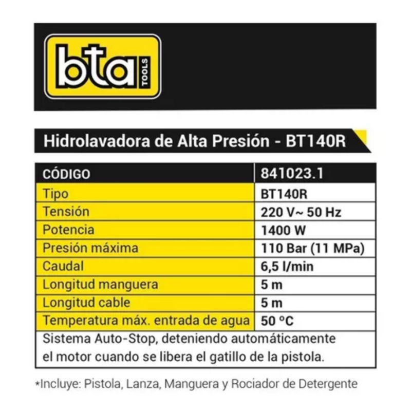 Hidrolavadora eléctrica BTA BT140R 1400W 110bar 220V 50Hz - Image 2