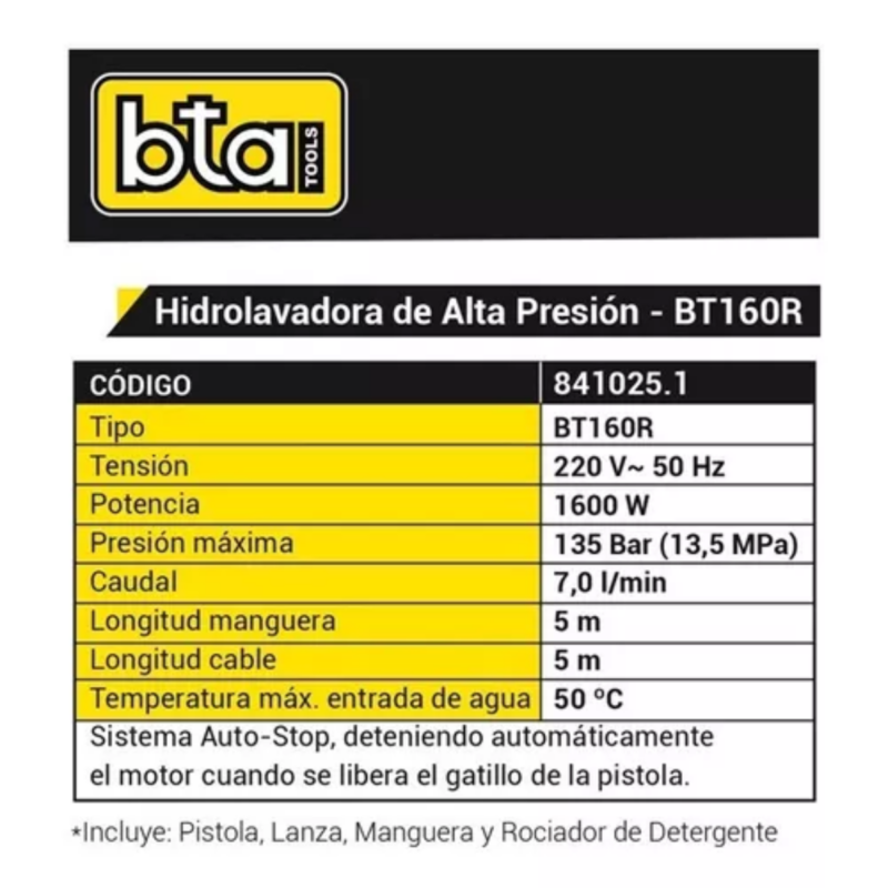 Hidrolavadora Eléctrica BTA Tools Bt160r 1600W 135BAR - Image 5