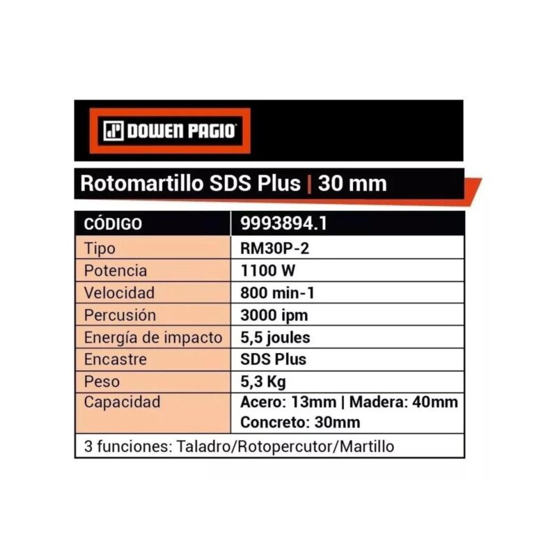 Rotomartillo Sds Plus 30mm 5.5j 1100 W Dowen Pagio 9993894.1 Color Naranja Frecuencia 50 - Image 2